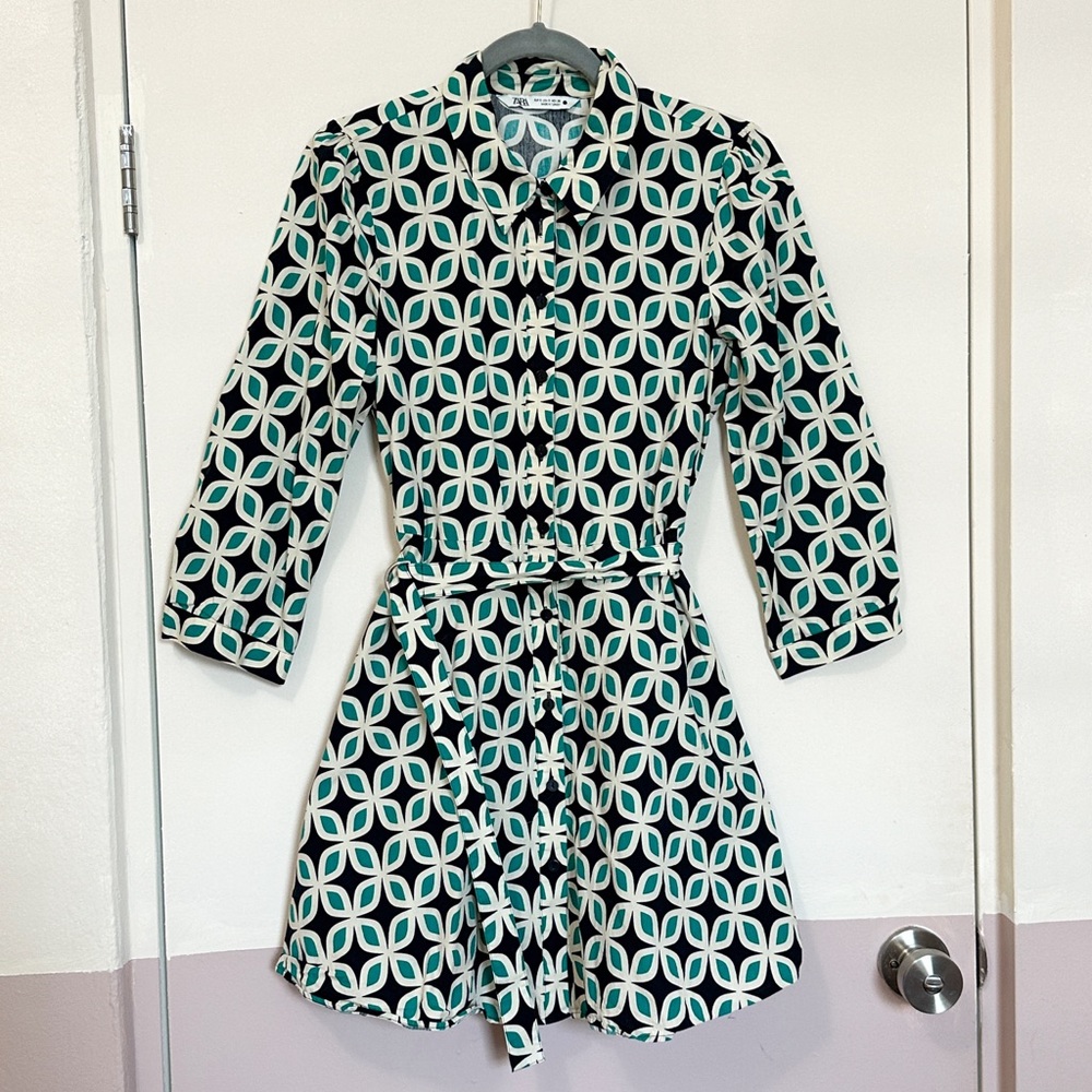 Zara Black, White & Teal Geometric Mini Dress